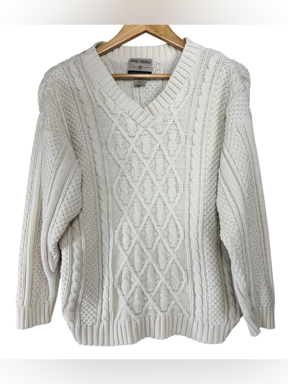 Vintage High Sierra Aran Cable Knit Sweater Men's M Ivory Crewneck Fisherman